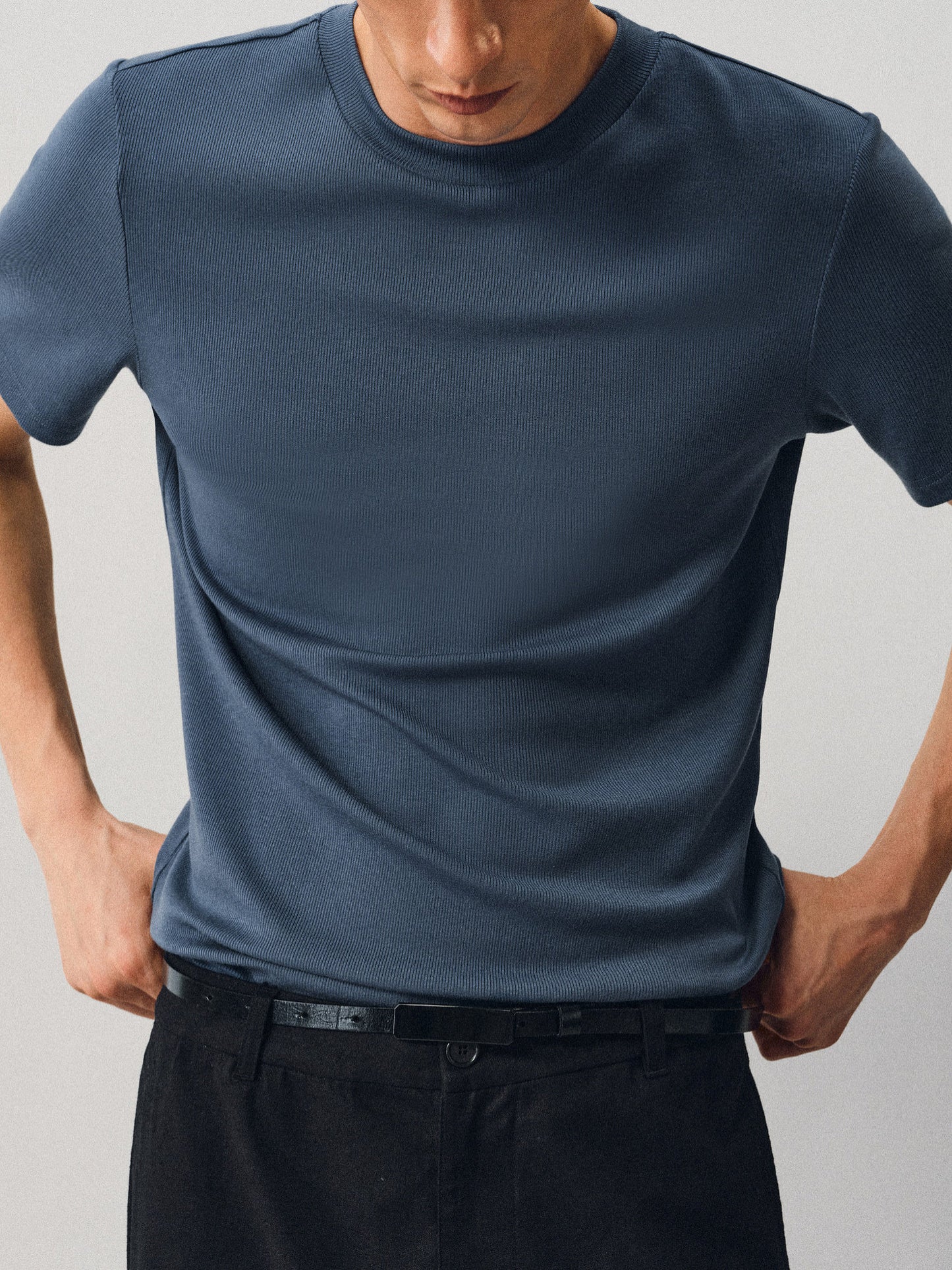 Fine-Striped Fitted Round-Neck T-Shirt