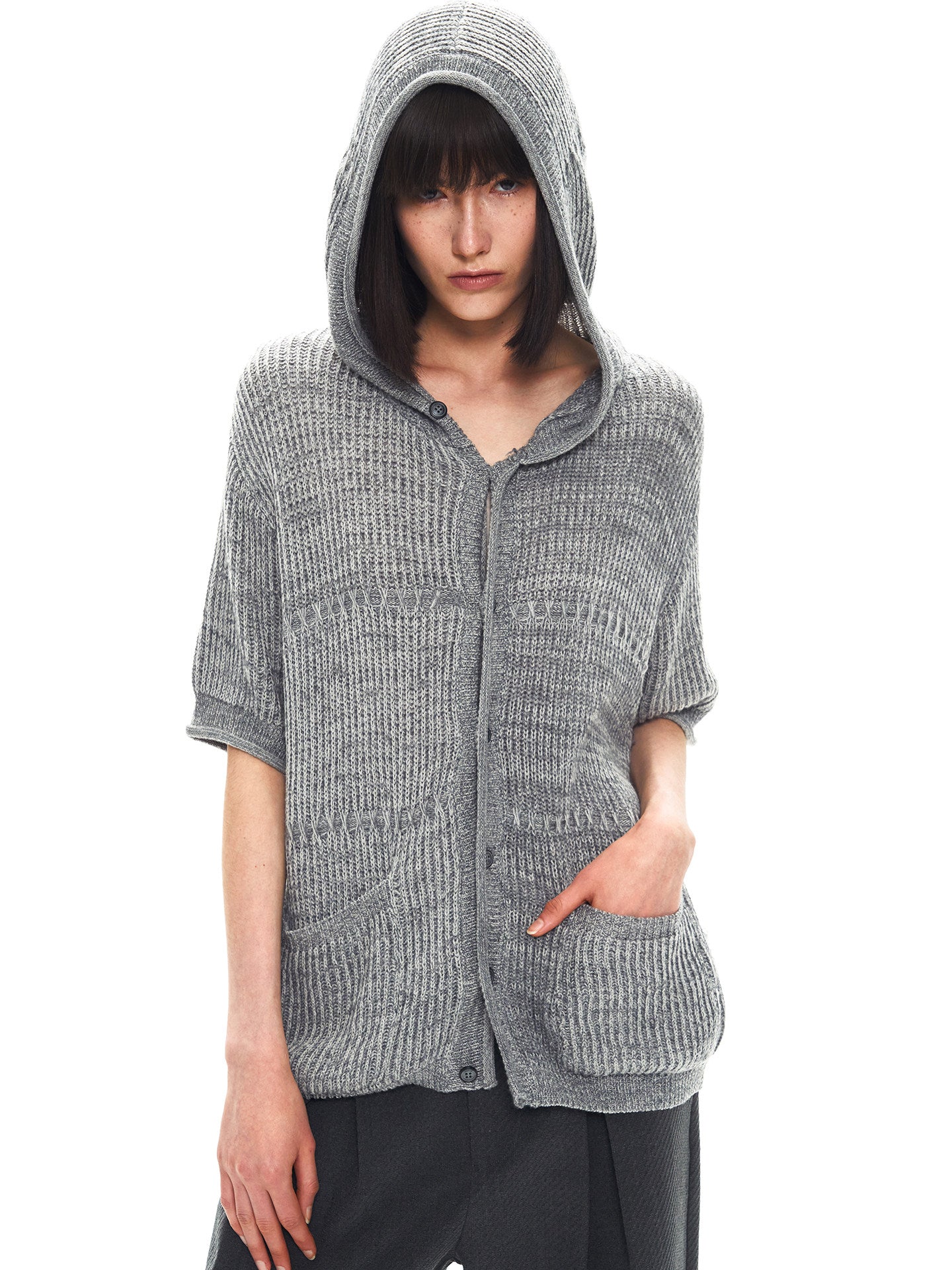 Double-Blend Yarn Hooded Knit Cardigan