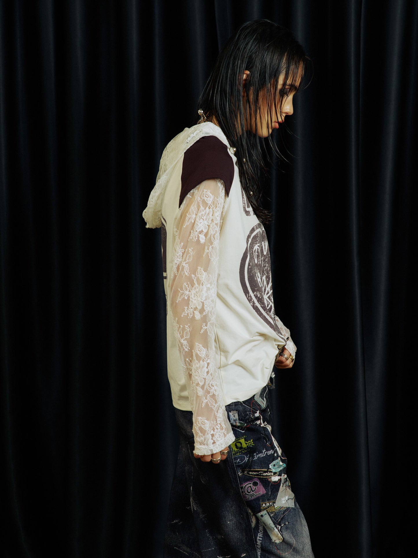 Lace-effect two-piece printed T-shirt