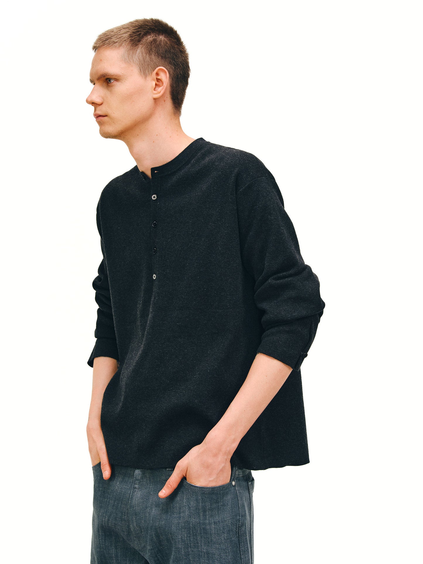 Henry Collar Button-Up T-Shirt