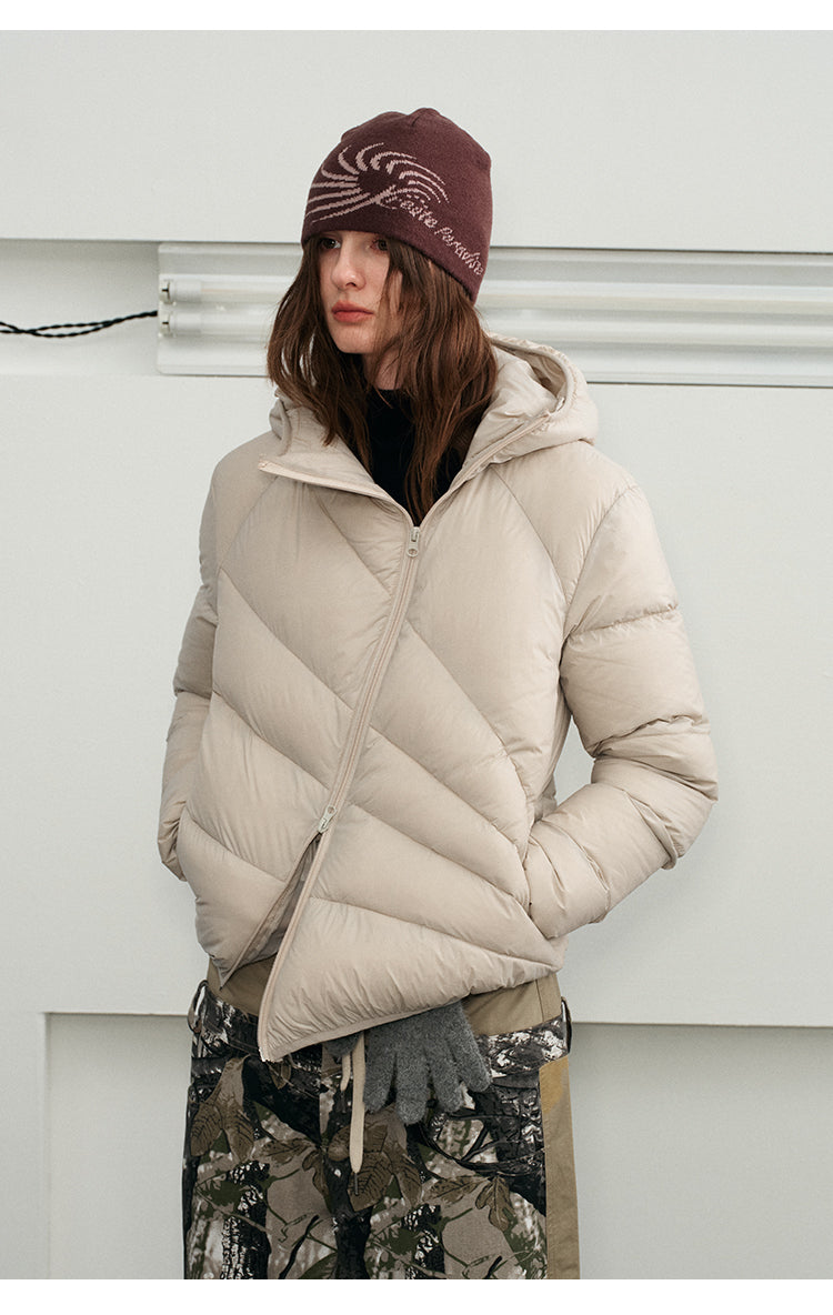 Diagonal Zipper Hooded Down Jacket