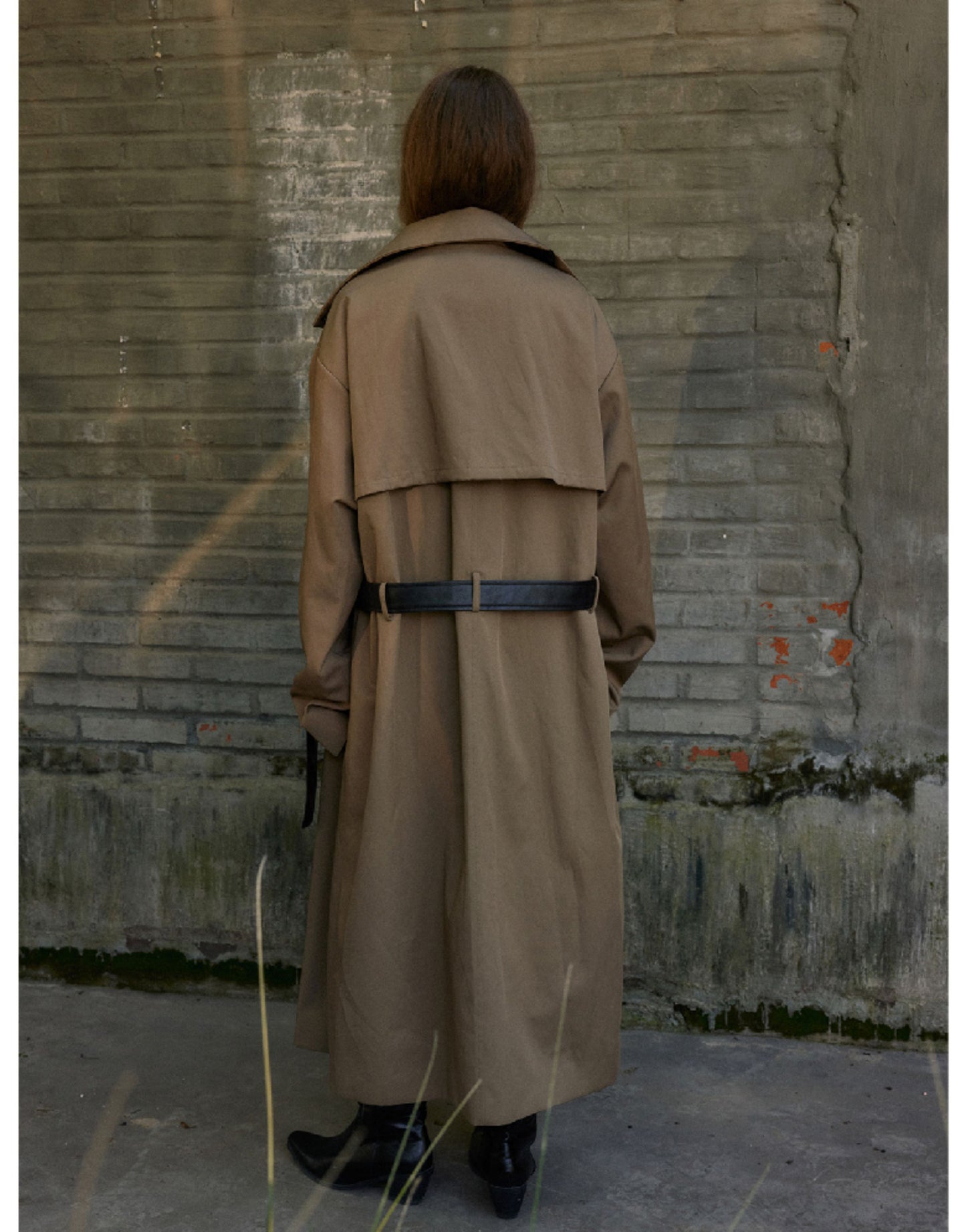 Leather hand stand collar long coat