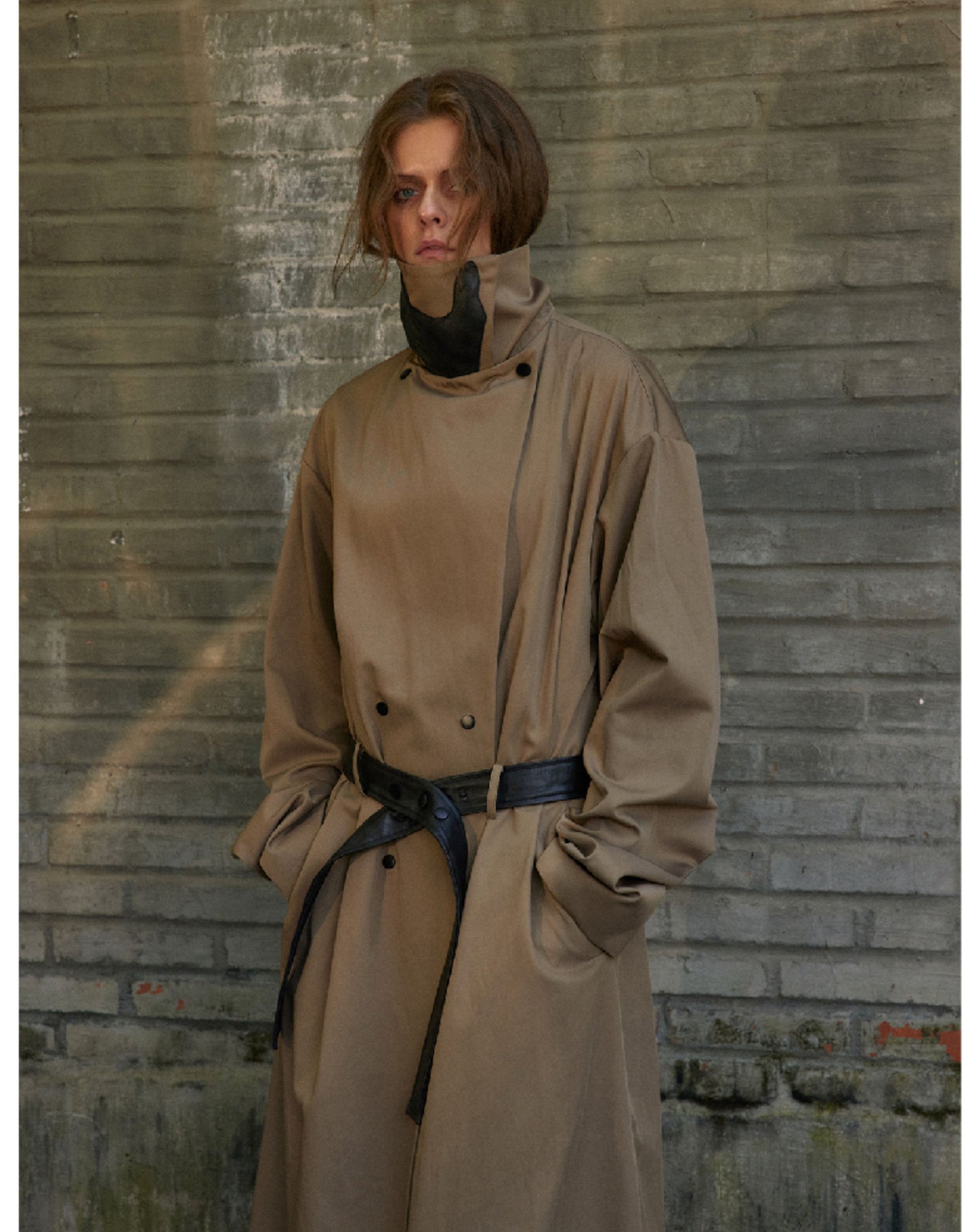 Leather hand stand collar long coat