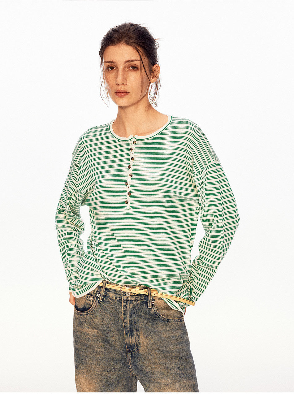 Henry-Collar Linen Striped T-Shirt