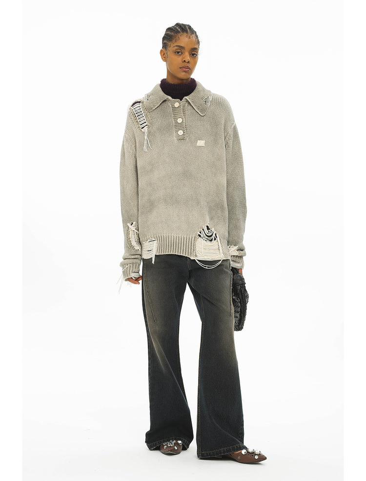 Washed and dyed distressed tassel perforated POLO collar knit sweater