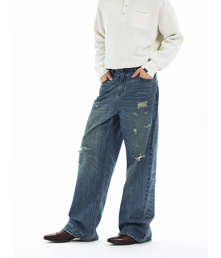 Washed Damaged Loose Casual Denim Pants