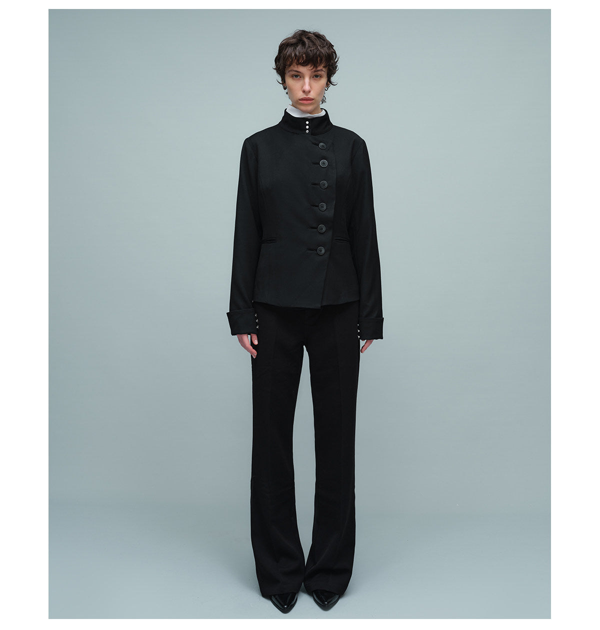 Double-Layer Jacket with Stand-Up Collar and Slanted Collar