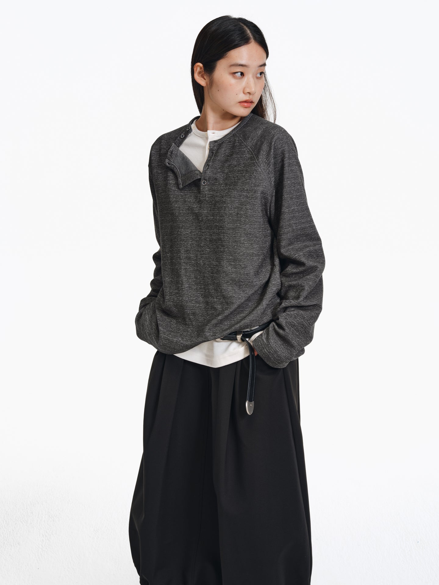 Henry Collar Diagonal Button T-Shirt