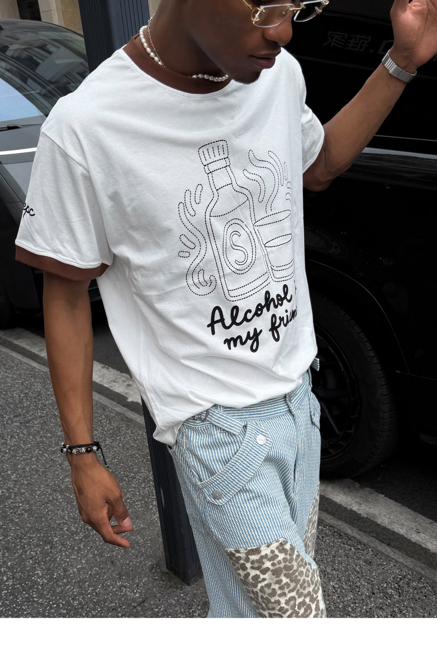 Casual Round-Neck T-Shirt with Patchwork-Print Design