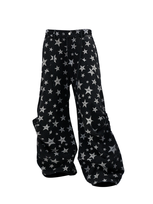 Printed Pleated Workwear Denim Wide-Leg Pants