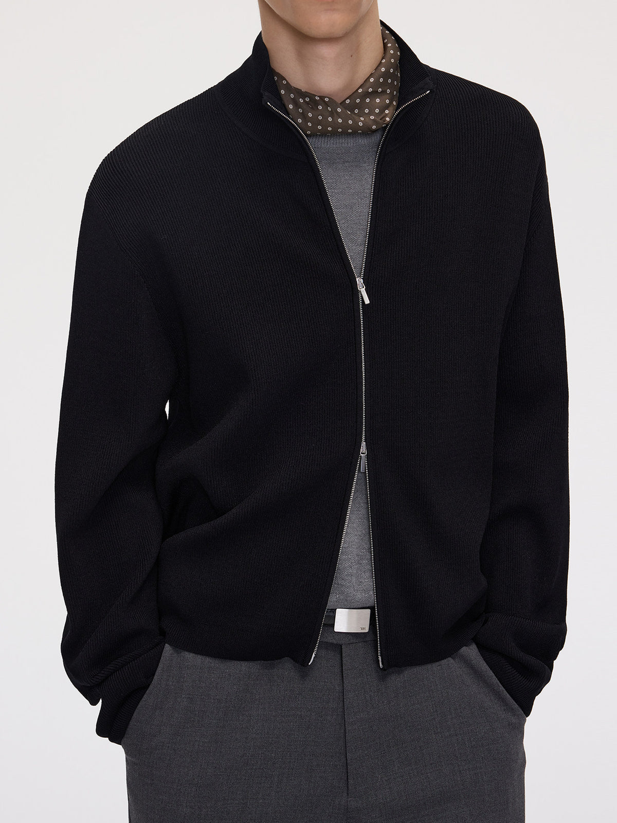 Plaid Stand-Collar Double-Zipper Knit Cardigan