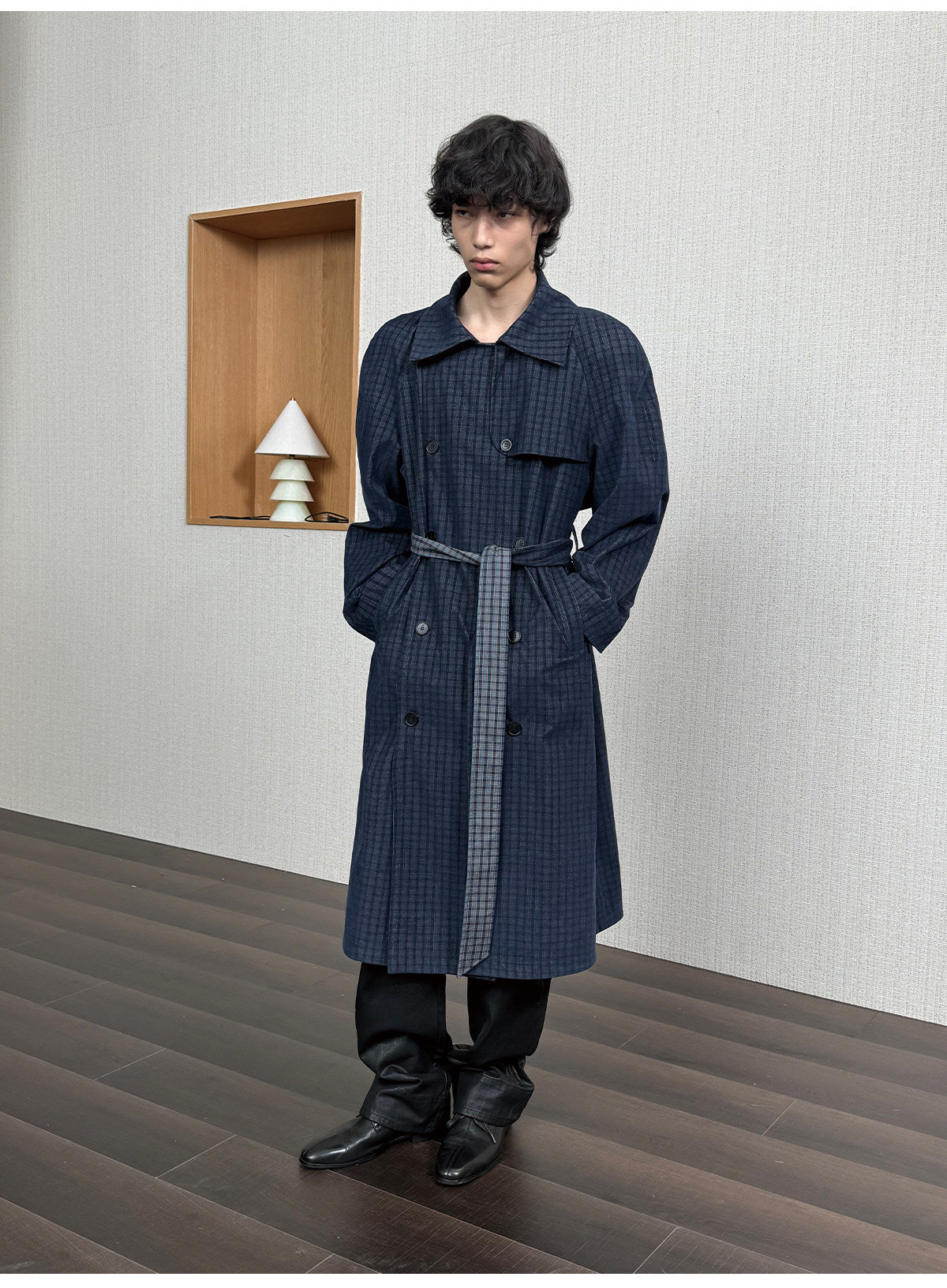 Check-Patterned Raglan-Sleeve Trench Coat
