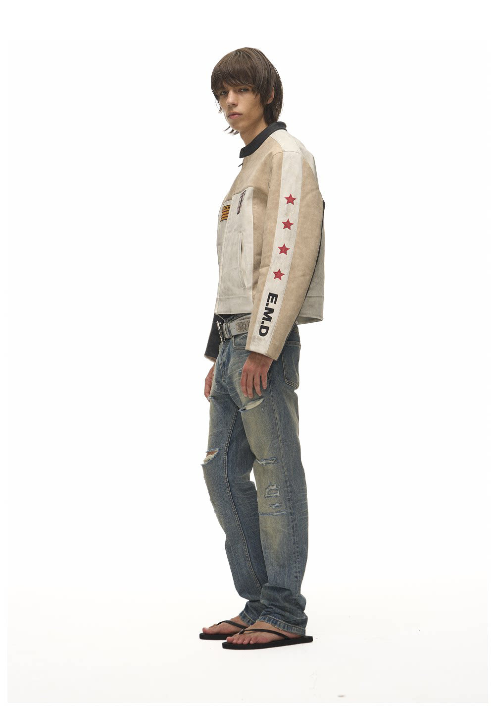 Color-Block Star Motorcycle Leather Jacket