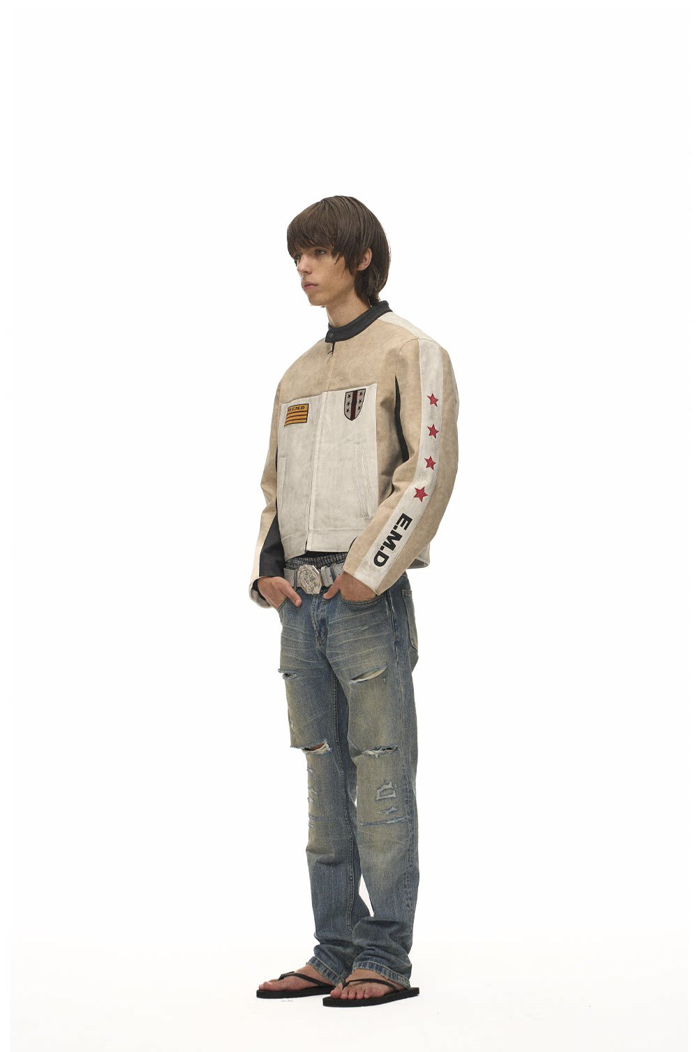 Color-Block Star Motorcycle Leather Jacket