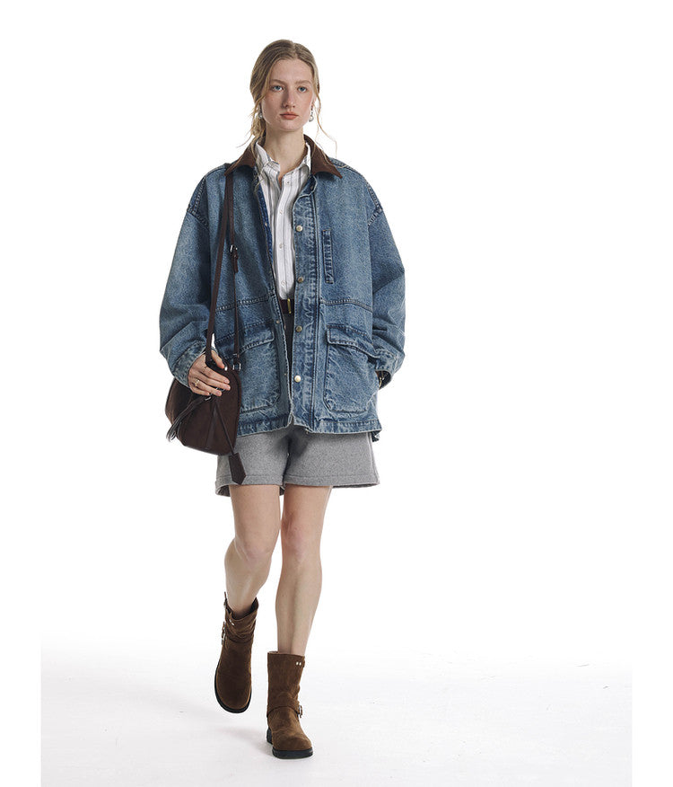 Vintage Denim Jacket with Washed Suede Collar