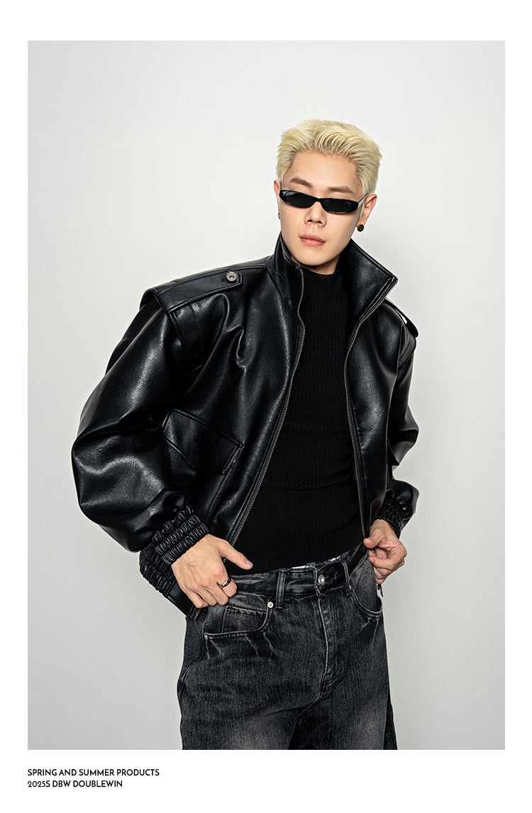 Wide-Shoulder High-Neck Leather Jacket