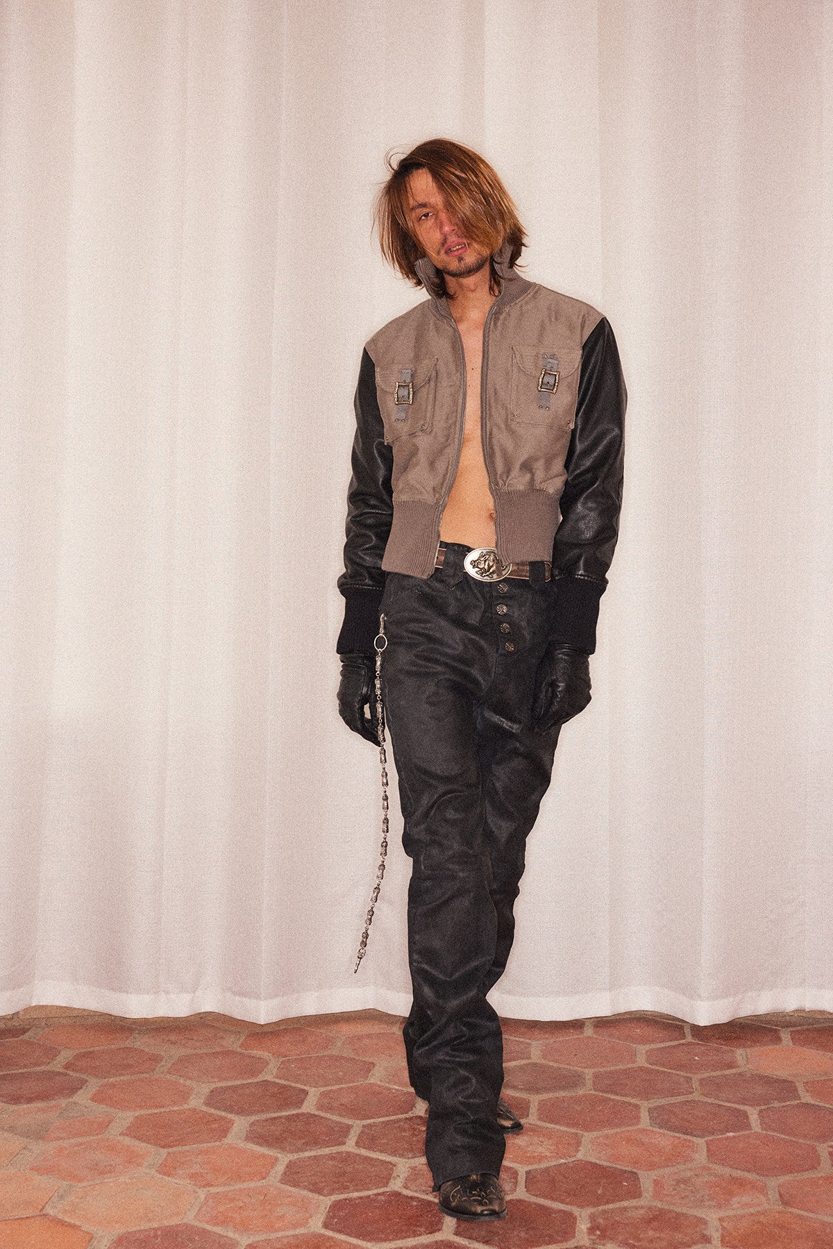 Double-Pocket Ribbed Leather Sleeve Jacket