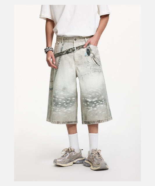 Animal-Print Cropped Denim Shorts