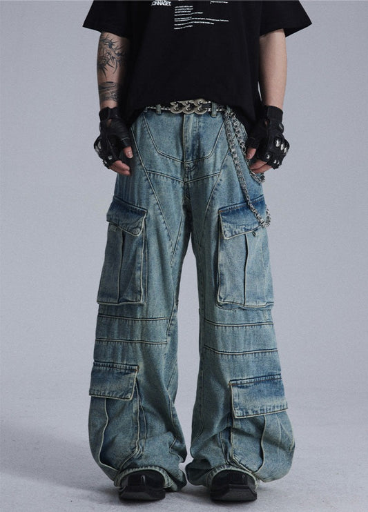 Multi-pocket wash straight jeans