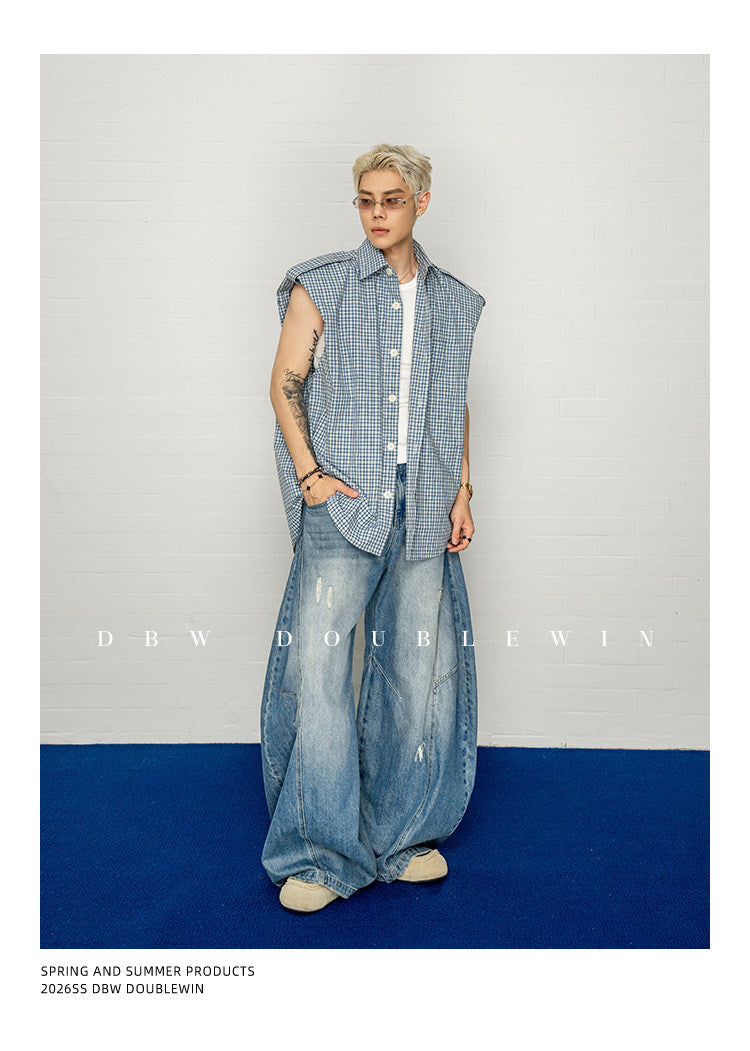 체크 민소매 셔츠