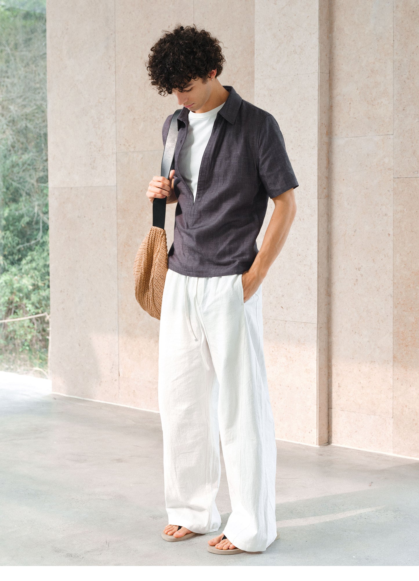 Deep V-neck faux two-piece shirt