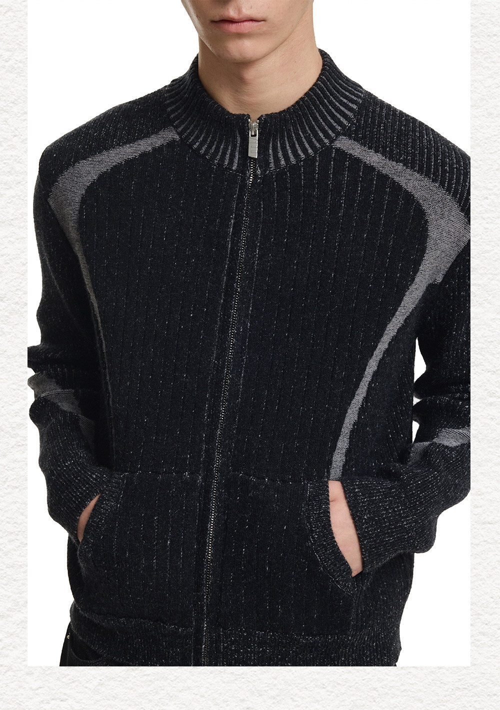 Slim Stand Collar Color-Block Zipper Knit Jacket