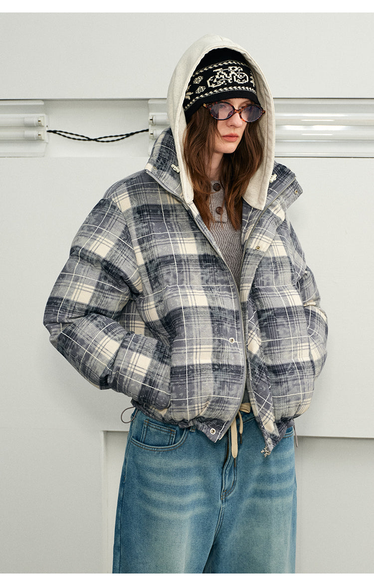 Checked cotton jacket with detachable hood