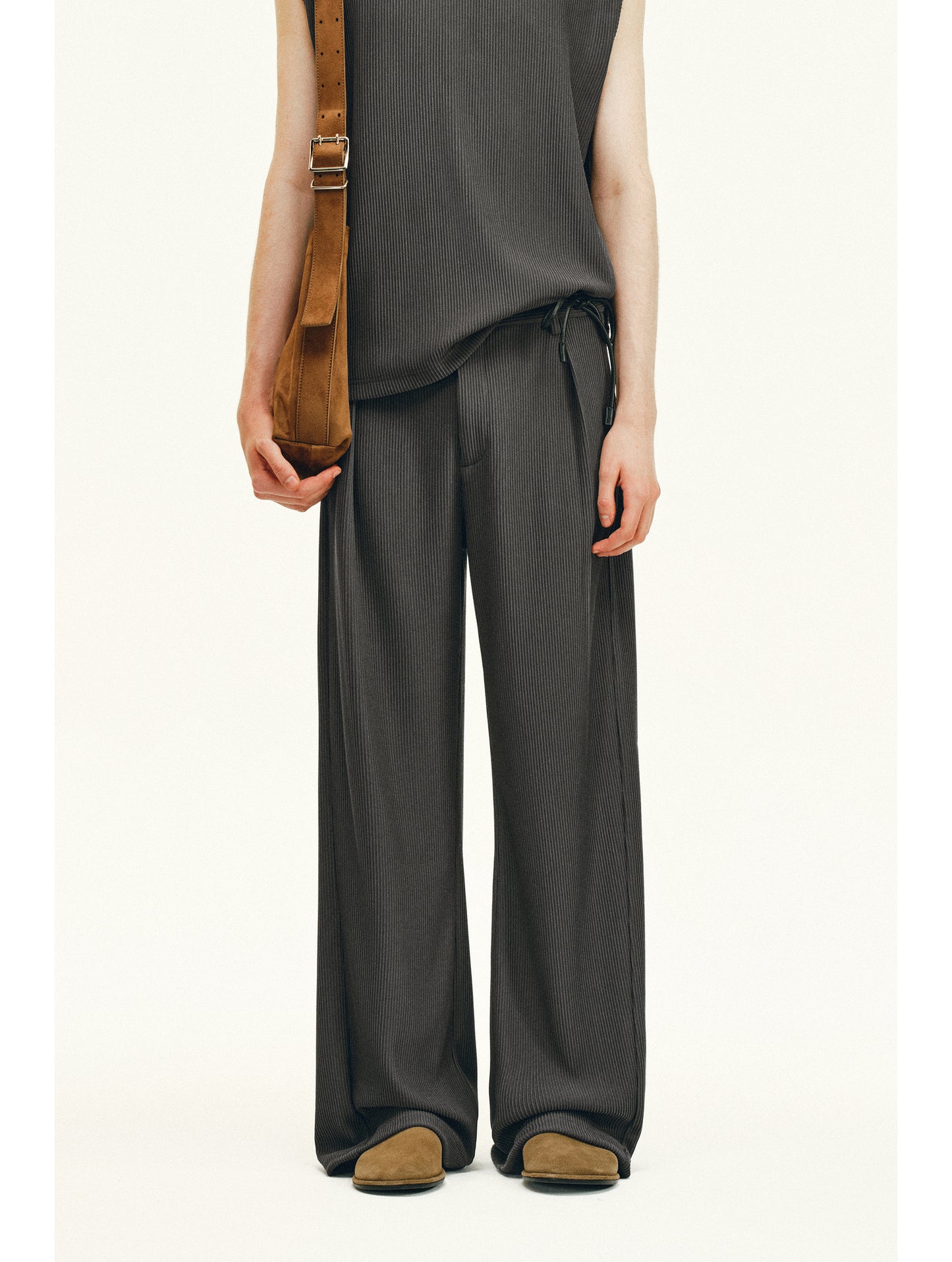 Vertical Stripe Textured Casual Pants Set