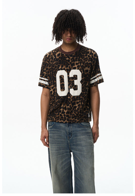 Leopard-Print Number Patch Round-Neck Half-Sleeve T-Shirt