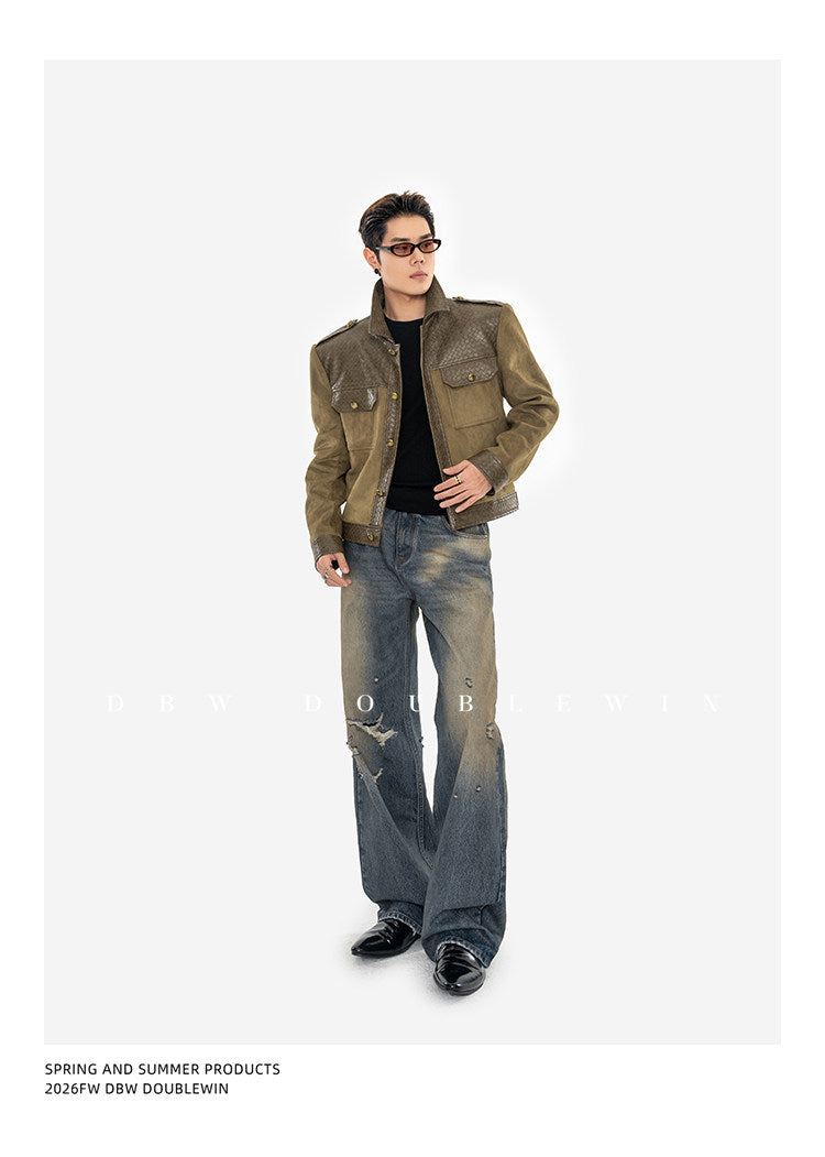 Textured Leather Patchwork Suede Short Jacket