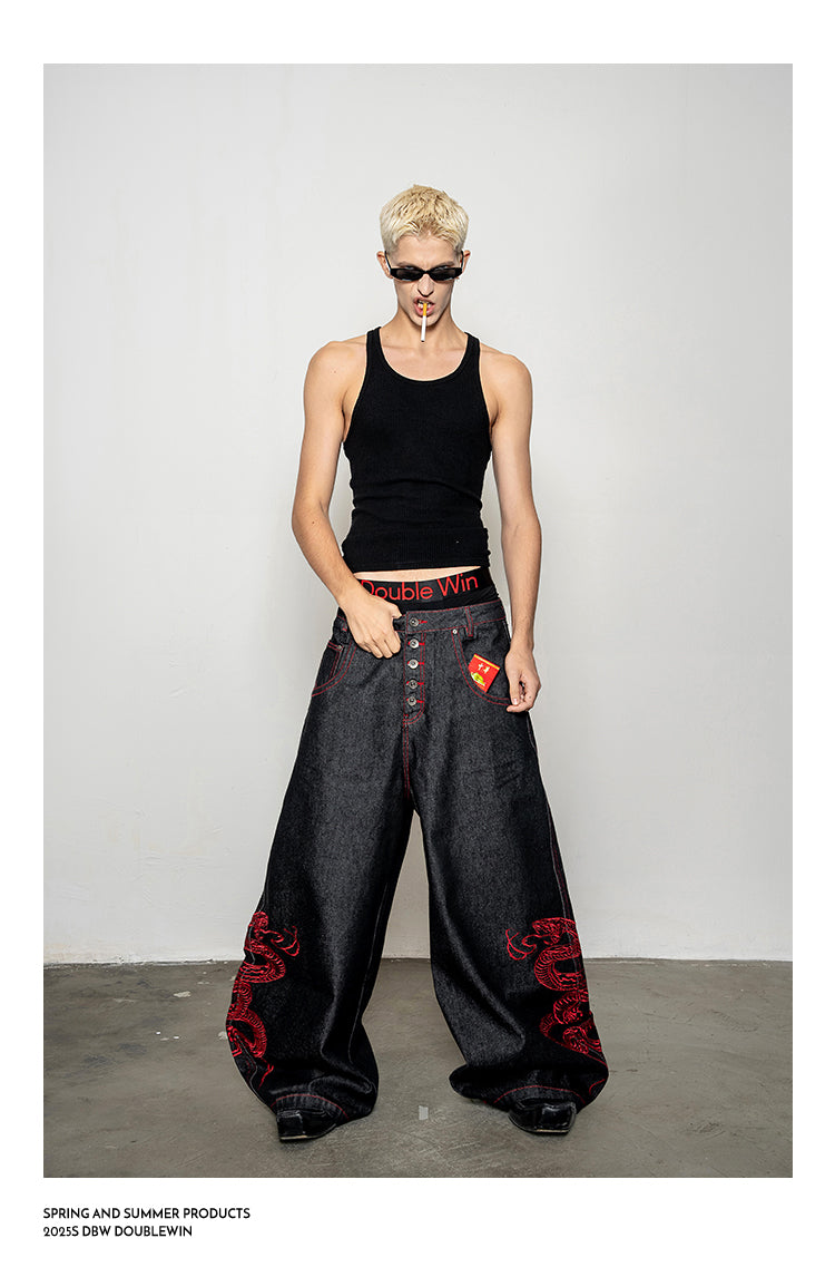 Red Snake Denim Pants