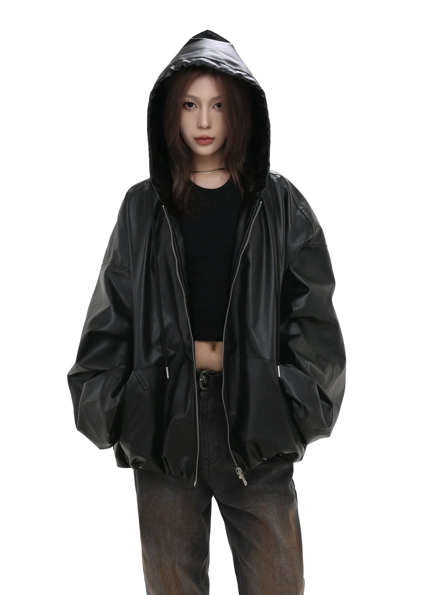 PU leather jacket with hood