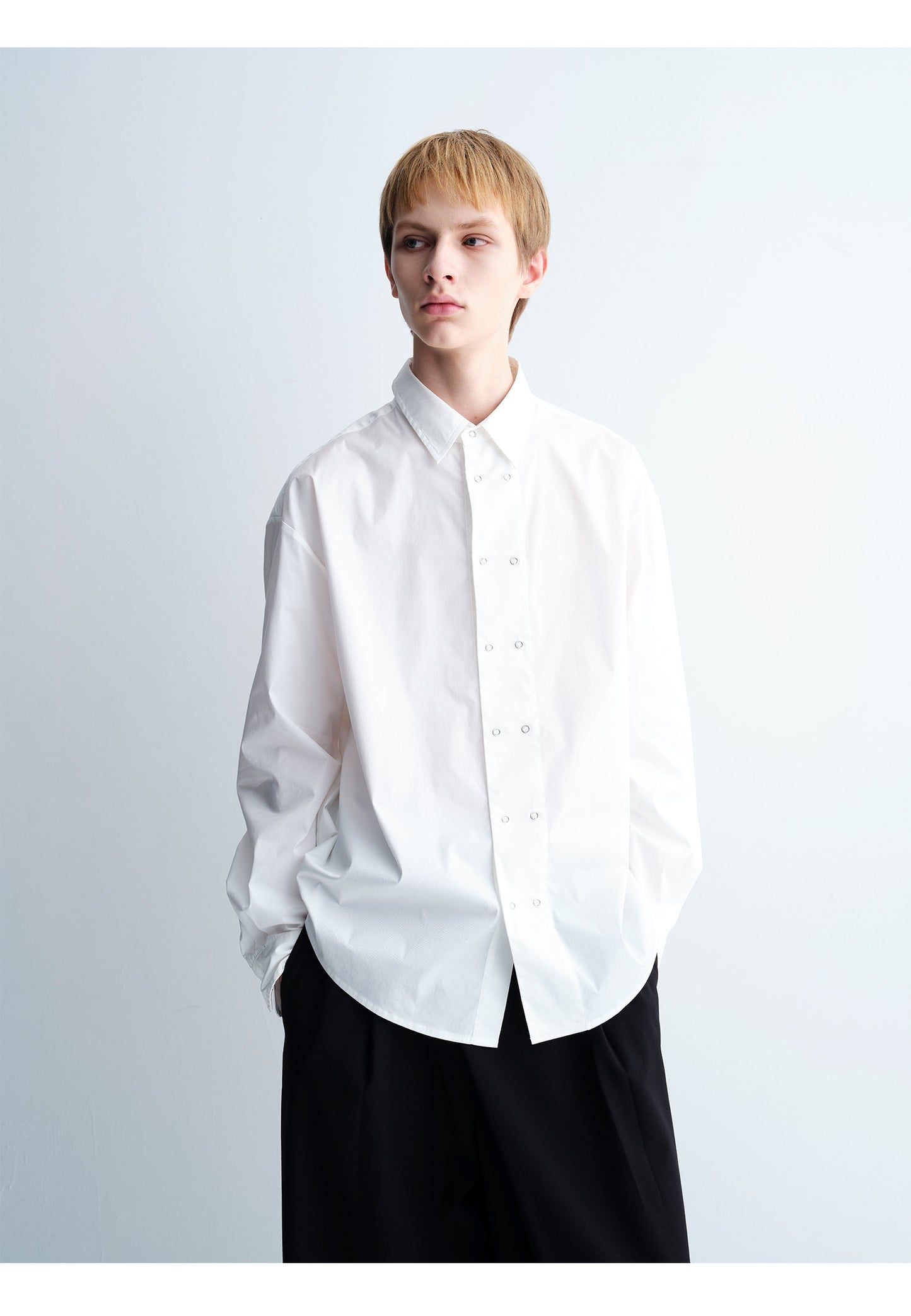 Double-Breasted Round-Hem Loose-Fit Shirt
