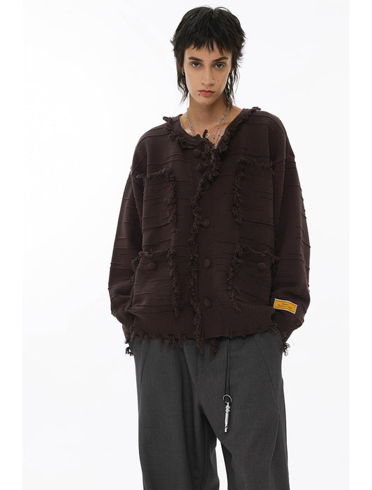 Maillard Style Tassel Jacquard Retro Loose Knit Pocket Cardigan Sweater