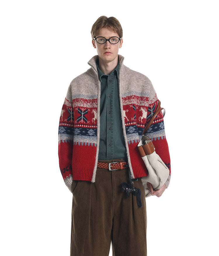 Wool-Blend Pony Jacquard Zip Cardigan