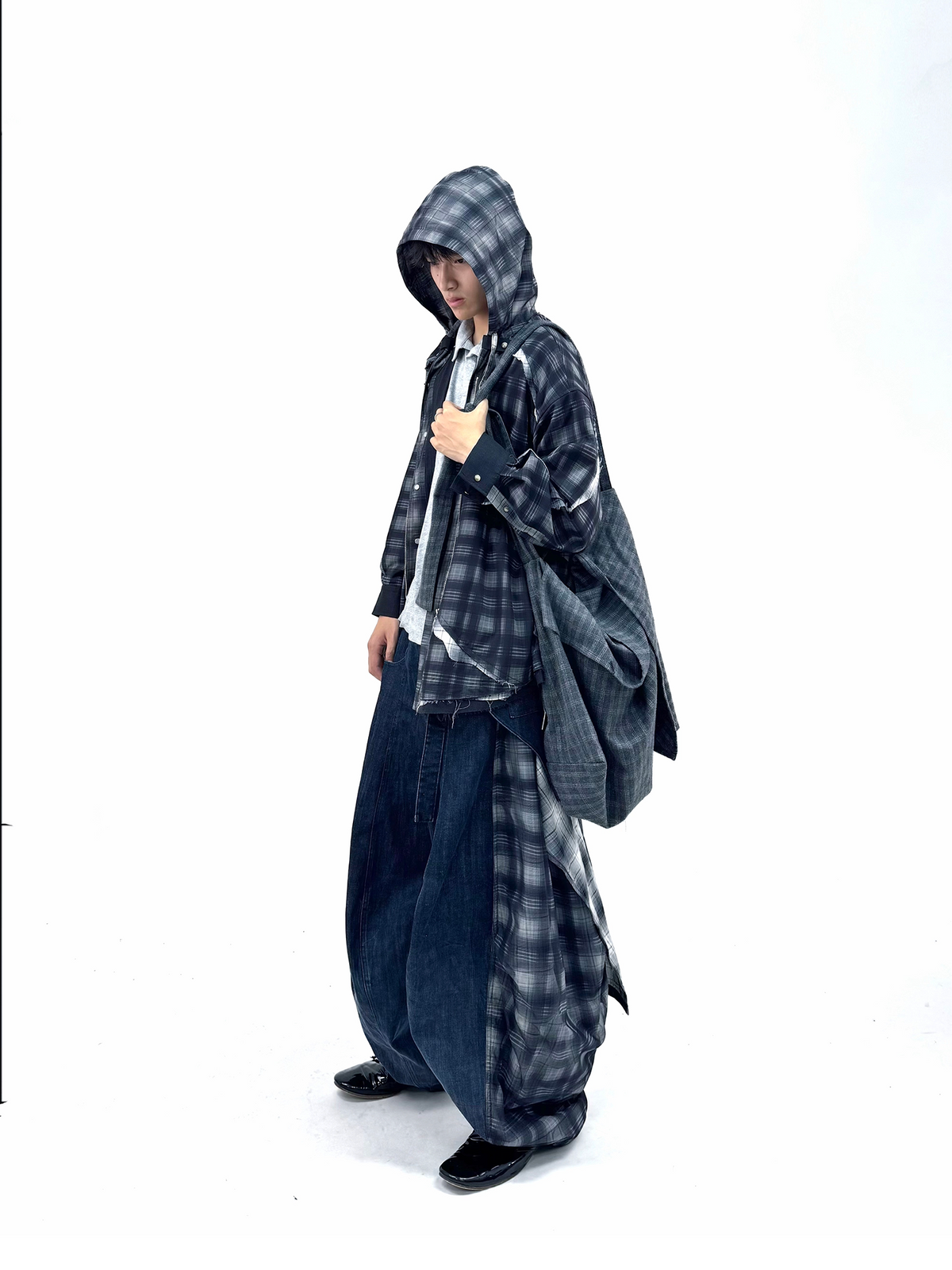 Mesh-Look Two-Piece Loose-Fit Casual Shirt with Hood