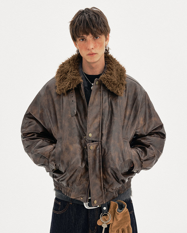 Padded Distressed PU Leather Jacket