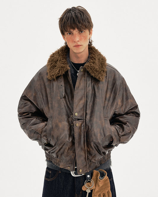 Padded Distressed PU Leather Jacket