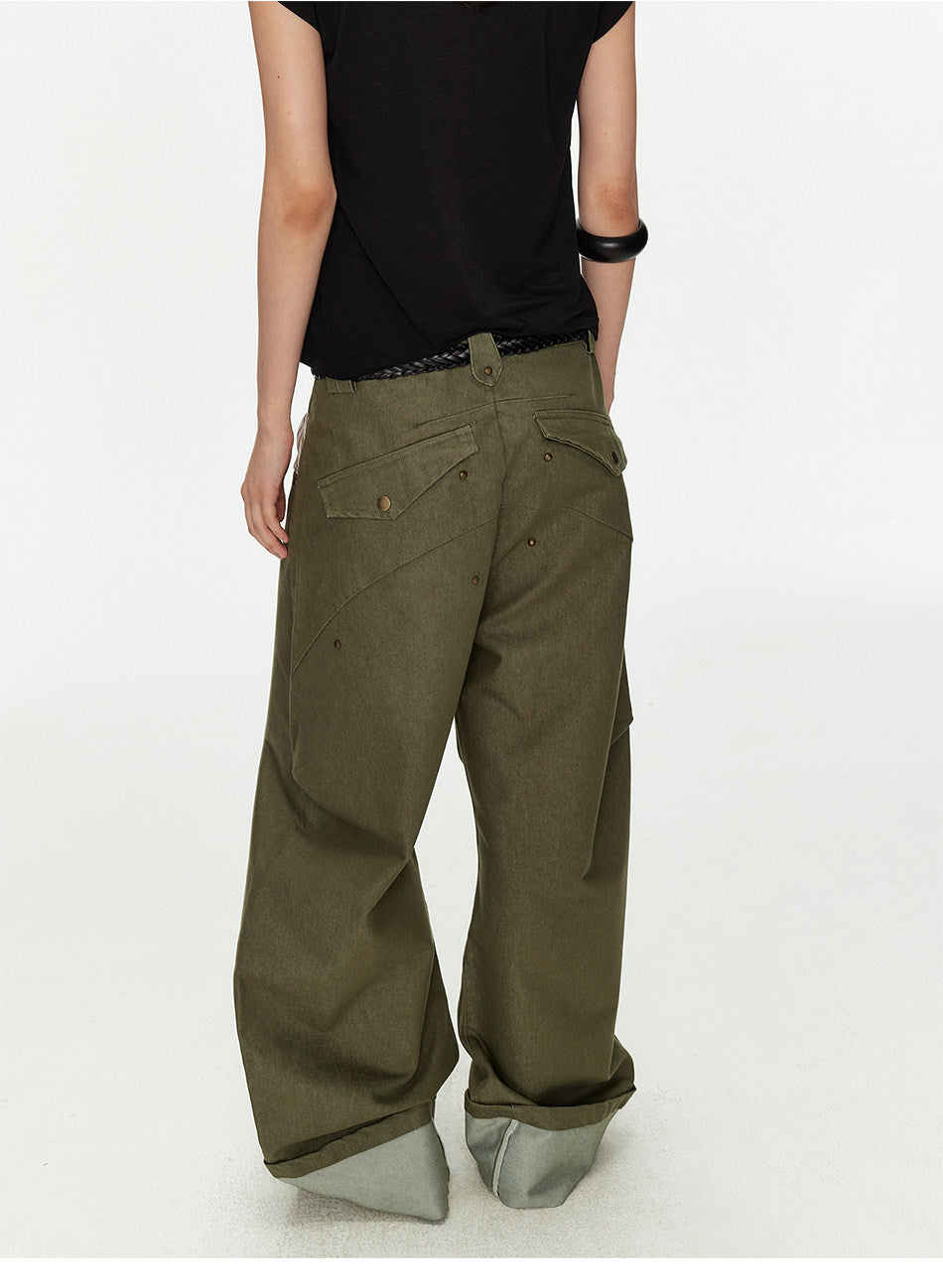 Wide-Leg Workwear Pants with Checkered Pockets