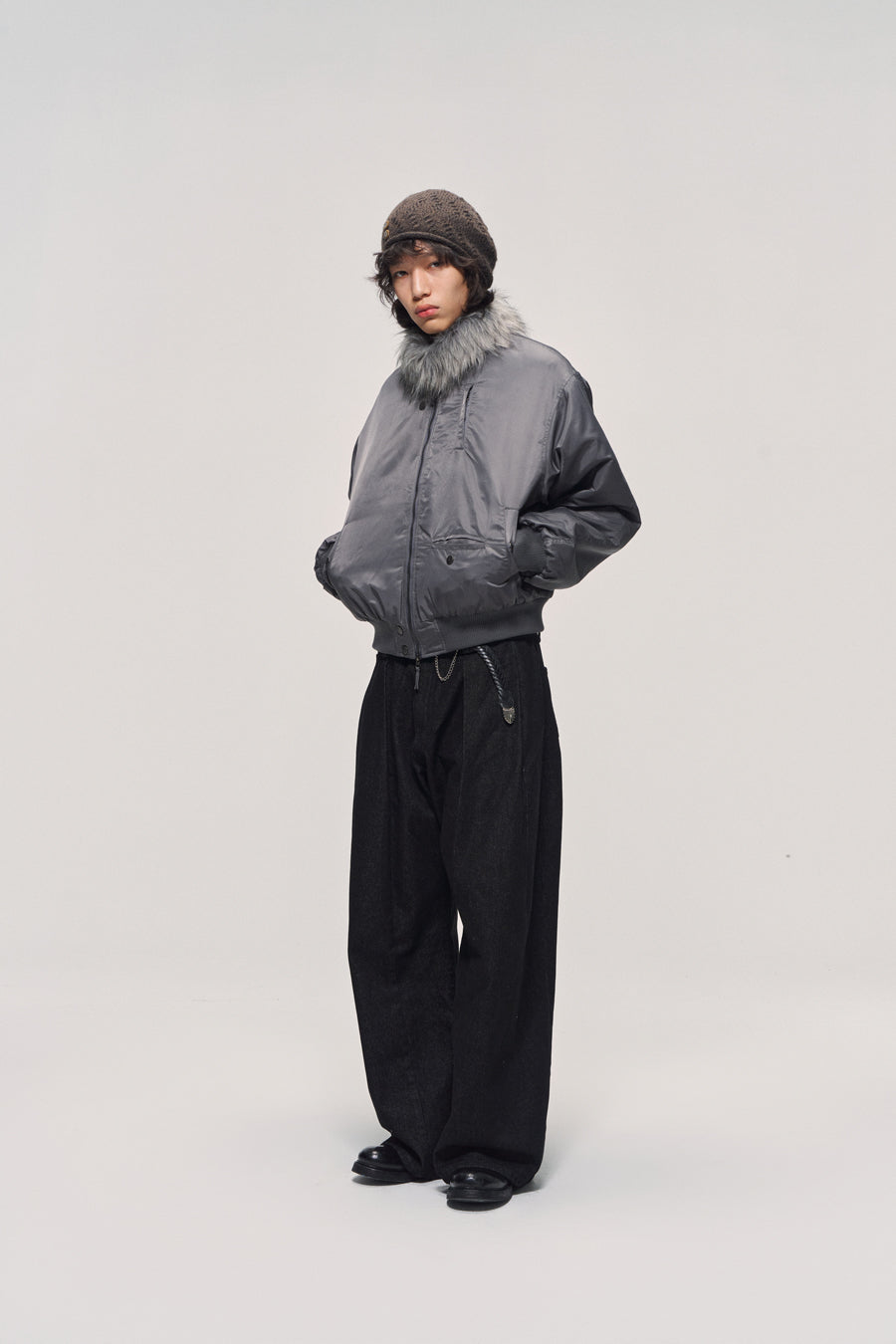 Fur collar bomber jacket