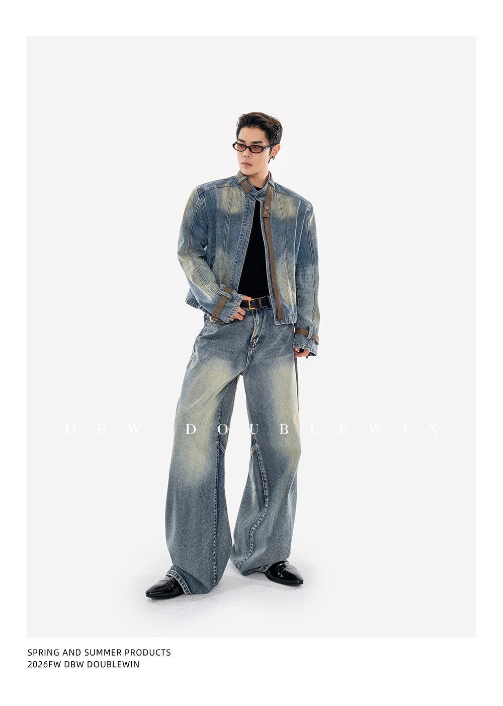 Vintage-Washed Padded-Shoulder Denim Jacket Set