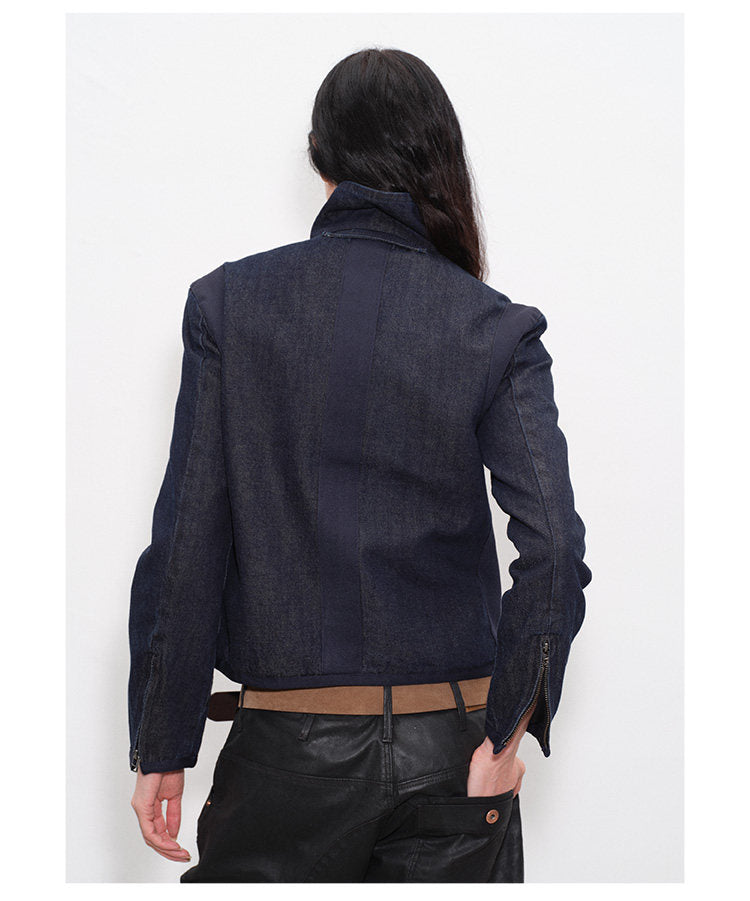 Double Zipper Slim Fit Raw Denim Jacket