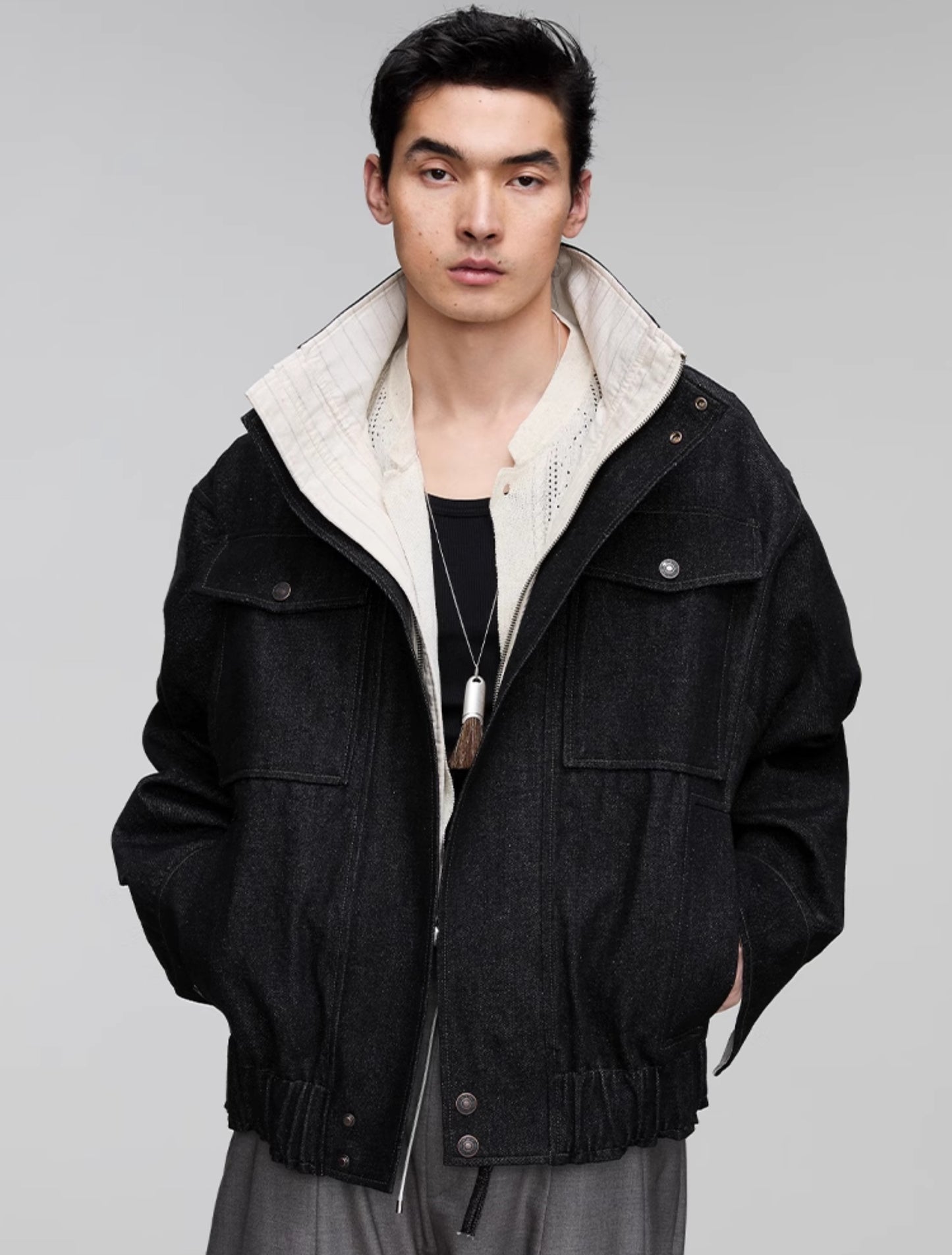 Stand collar patch pocket denim jacket