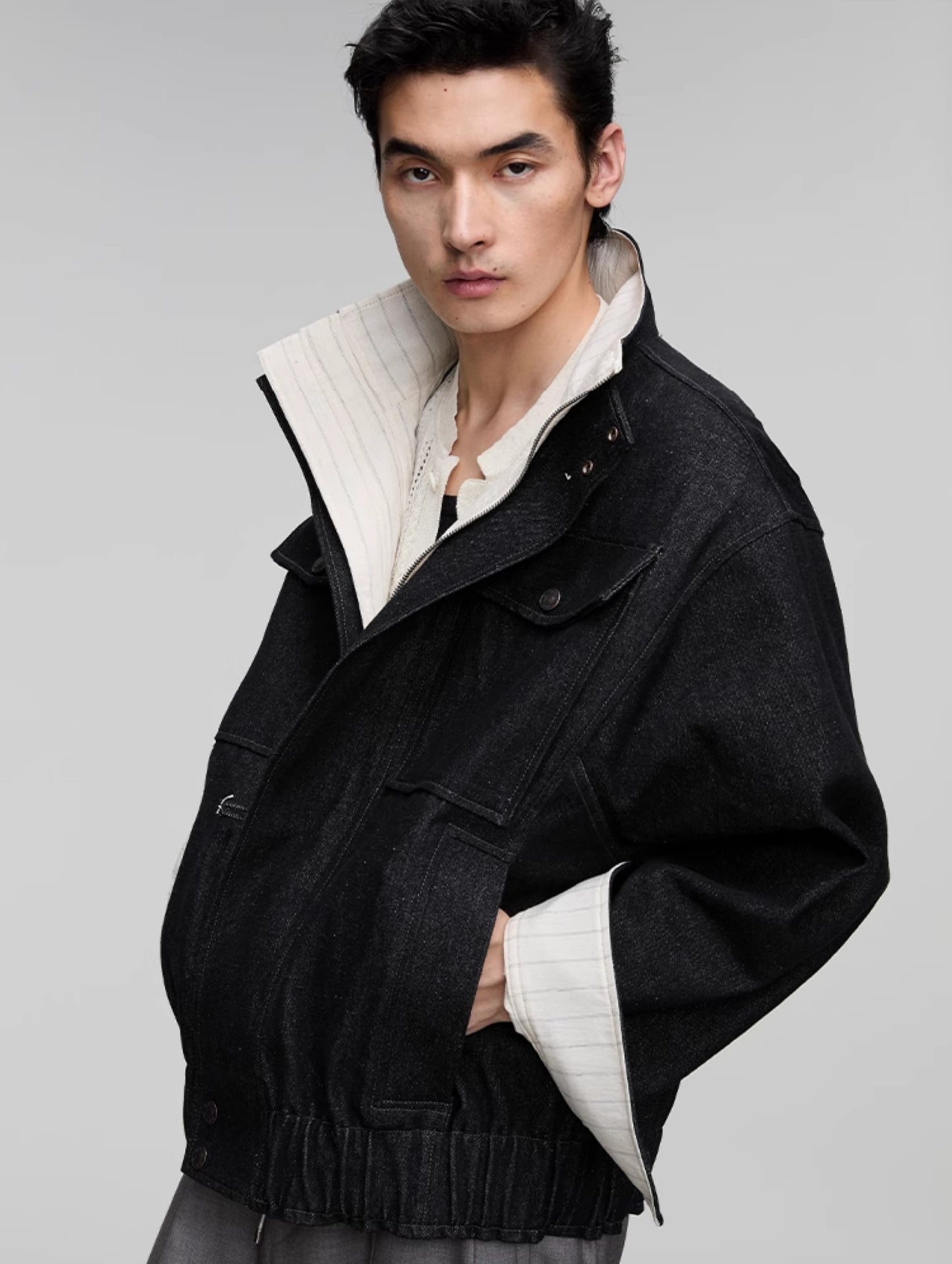 Stand collar patch pocket denim jacket