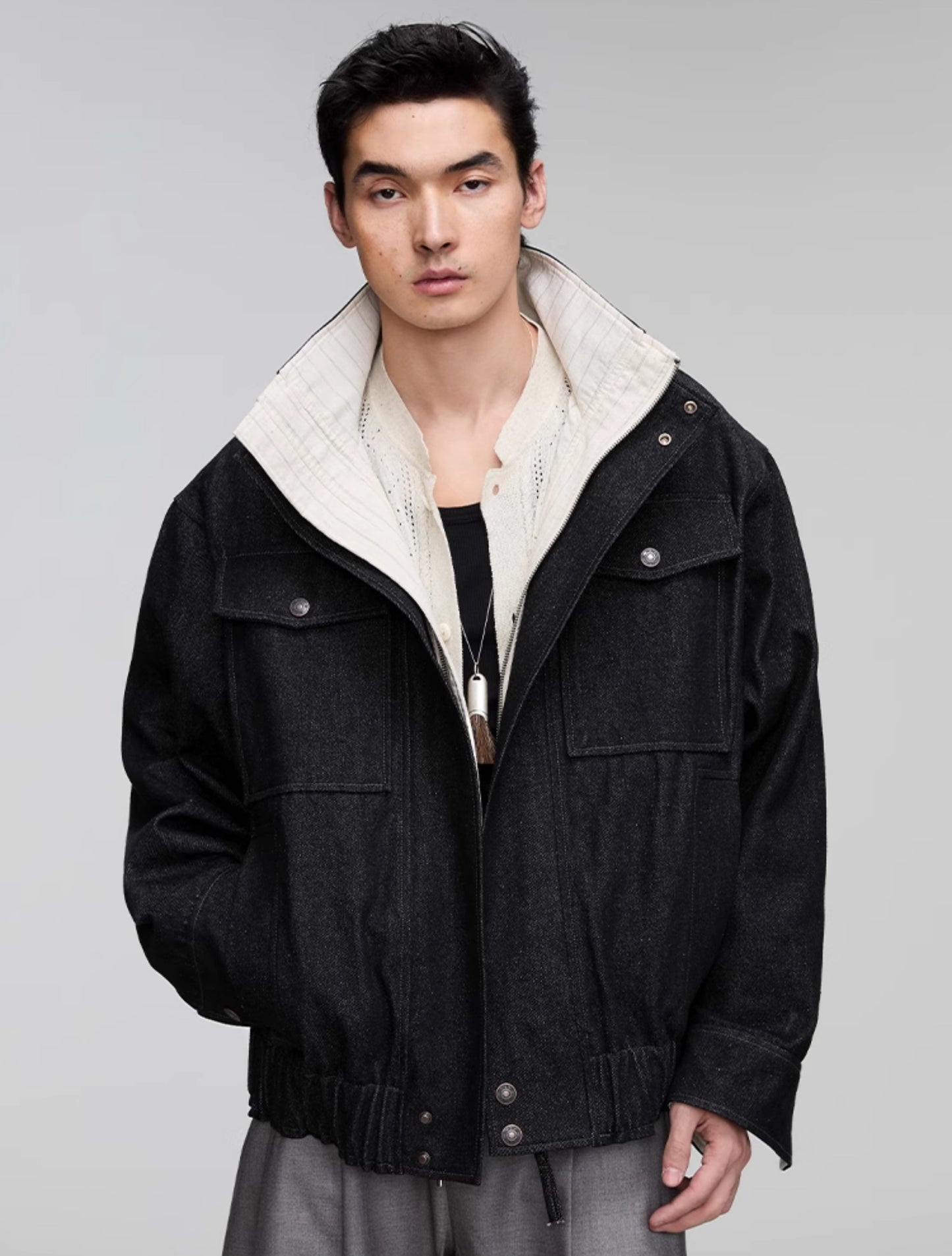 Stand collar patch pocket denim jacket