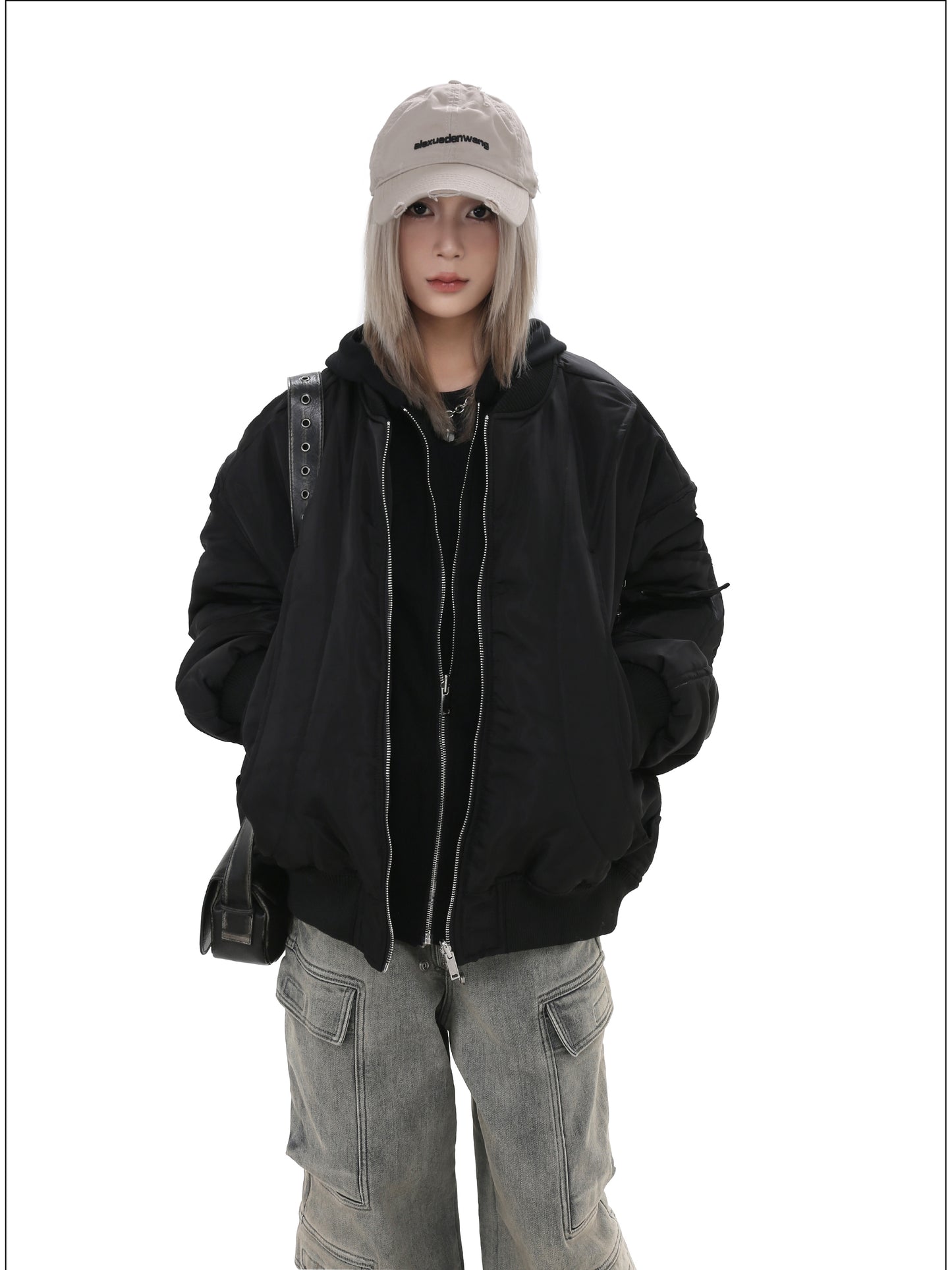 Faux two-piece short hooded jacket