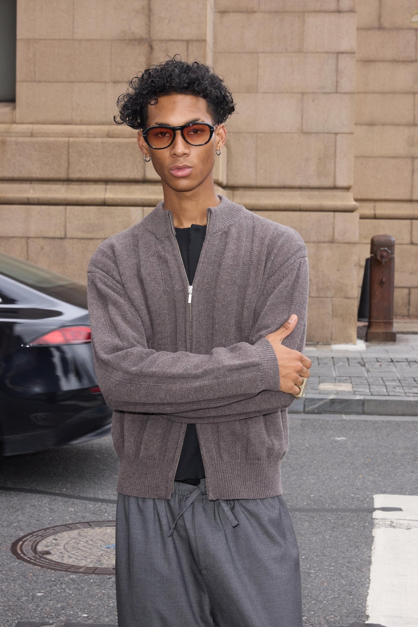 Dark-Striped Jacquard Knit Cardigan