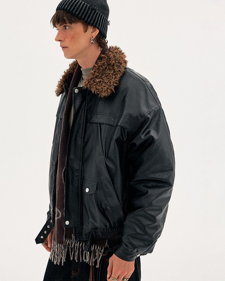 Detachable Fur Collar PU Leather Jacket