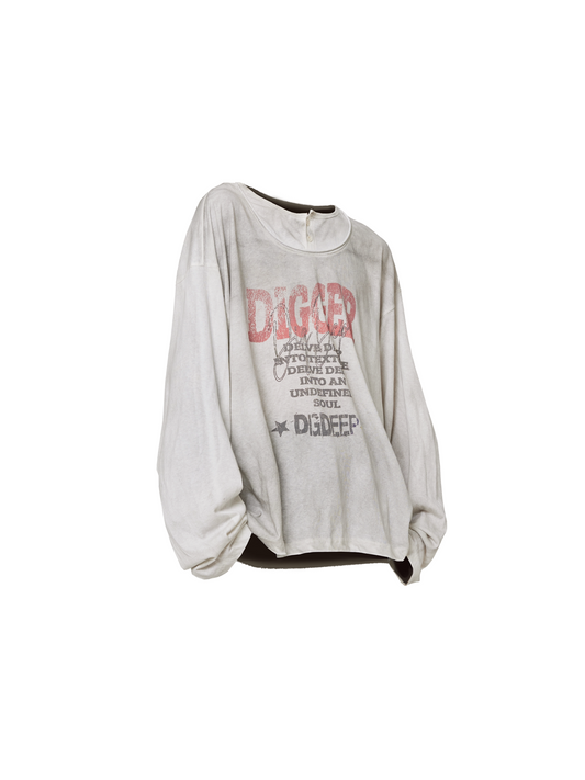 Digitally Printed Vintage-Style Double-Collar T-Shirt