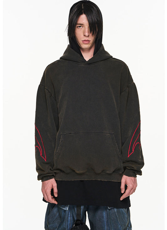 Damaged Faded Print Embroidered Hoodie 